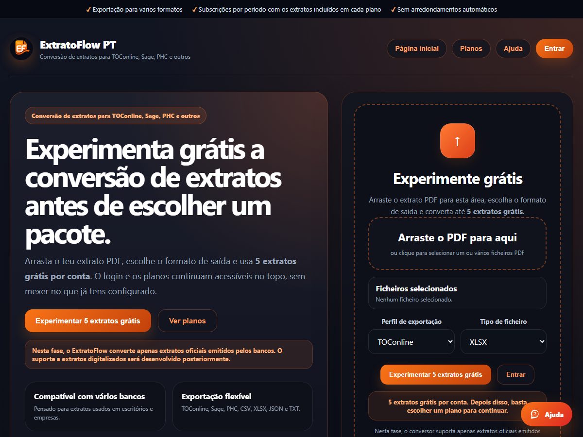 Página inicial: «Experimente grátis» e «Entrar» no topo.